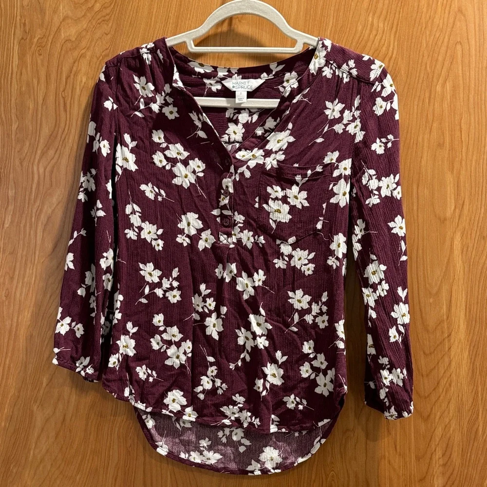 Market & Spruce Burgundy Floral Blouse - Picture 1 of 4